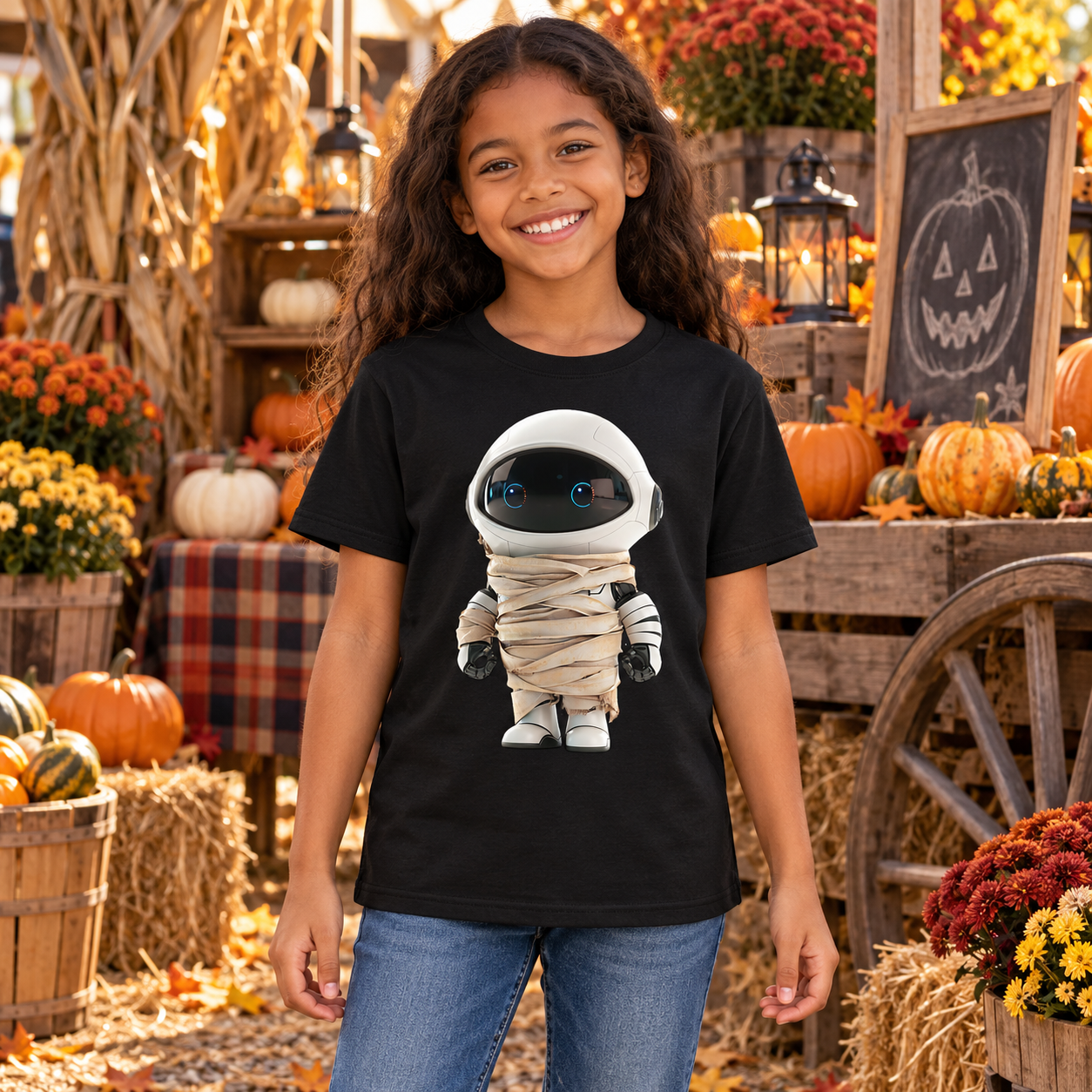 Mädchen trägt ein schwarzes Kinder-T-Shirt mit Mumie-Astronaut-Print vor herbstlicher Halloween-Deko auf einem Kürbisfeld.