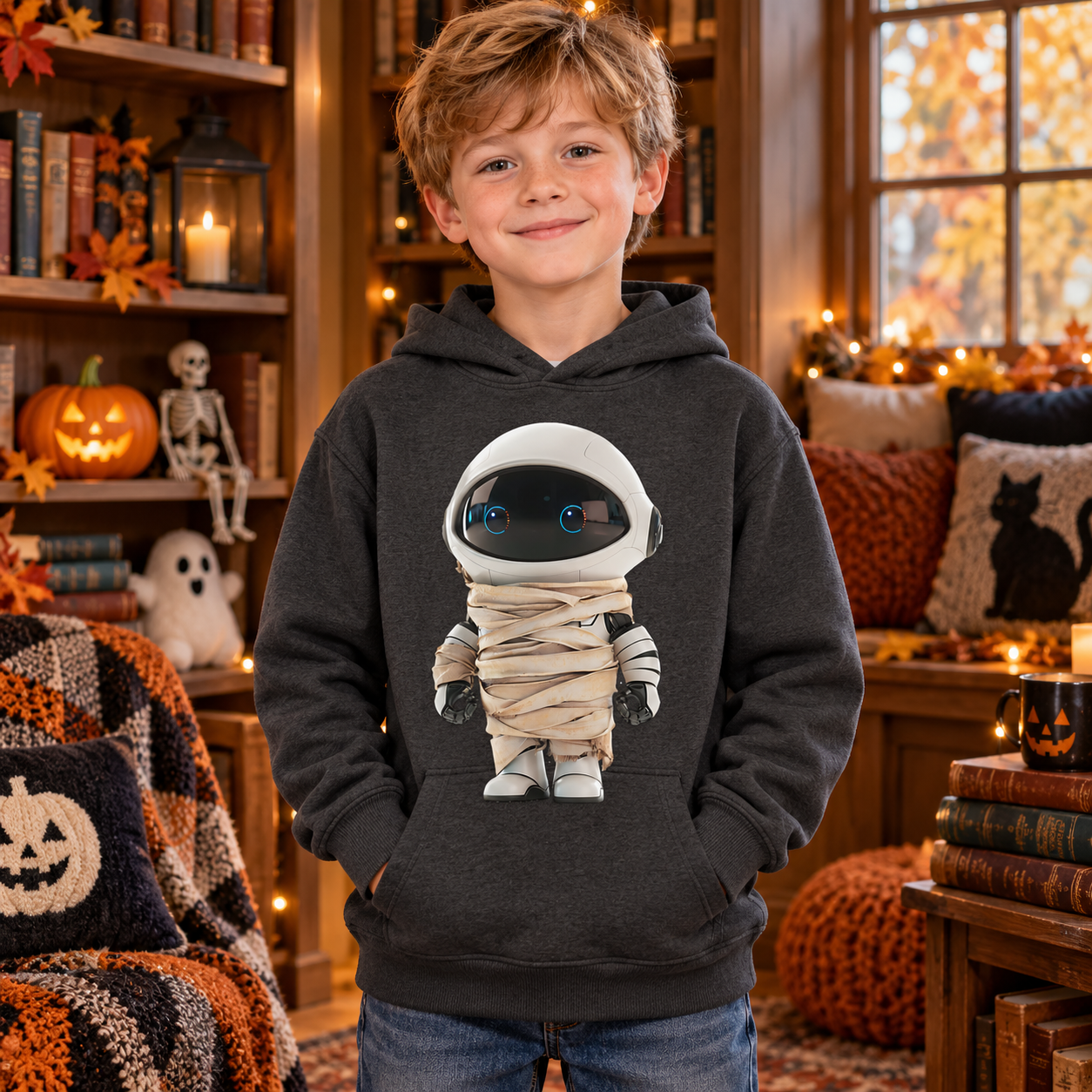 Junge in dunkelgrauem Hoodie mit Mumien-Astronaut-Design in gemütlicher Halloween-Szene mit leuchtender Deko und Kürbissen.