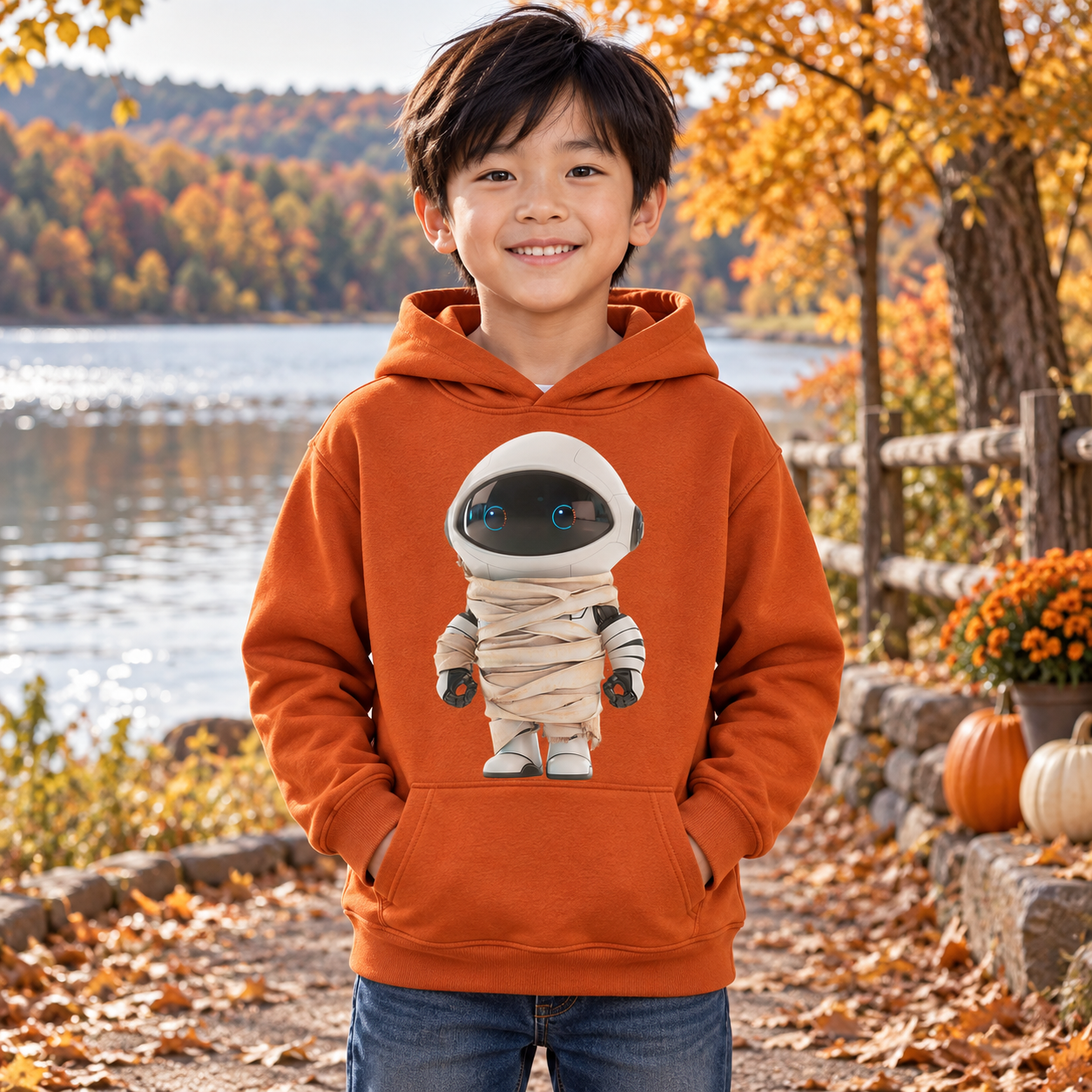 Junge trägt einen orangefarbenen Hoodie mit Mumien-Astronaut-Print am Seeufer im Herbst, mit buntem Laub im Hintergrund.