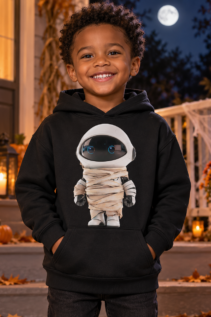 Kleiner Junge in schwarzem Hoodie mit Mumien-Astronaut-Print auf einer Halloween-Veranda bei Nacht, mit Kürbissen und Mond im Hintergrund.