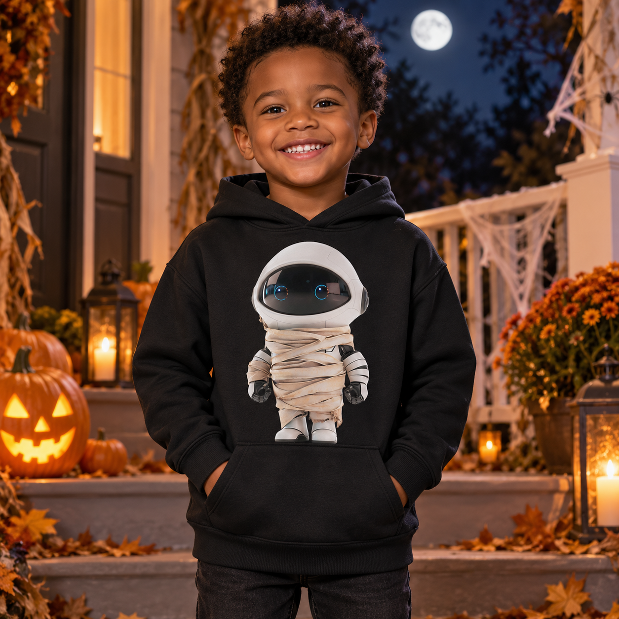Kleiner Junge in schwarzem Hoodie mit Mumien-Astronaut-Print auf einer Halloween-Veranda bei Nacht, mit Kürbissen und Mond im Hintergrund.