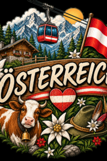 Freigestelltes T-Shirt-Motiv mit Österreich-Schriftzug, Kuh, Flagge Österreich, Edelweiß und Alpenhütte auf schwarzem Hintergrund.