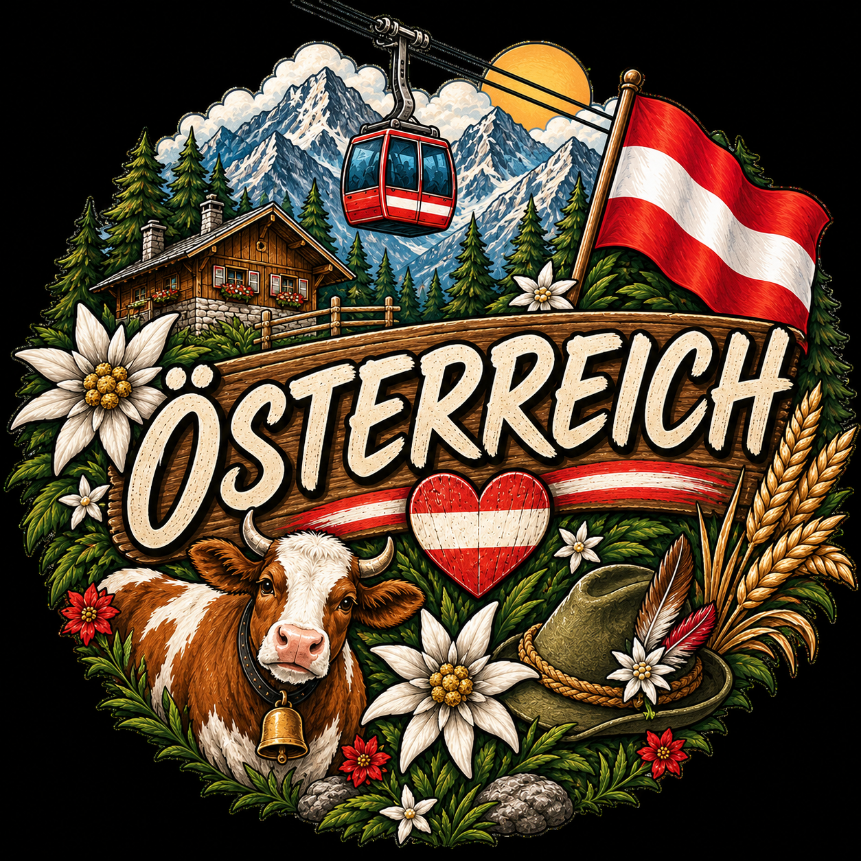 Freigestelltes T-Shirt-Motiv mit Österreich-Schriftzug, Kuh, Flagge Österreich, Edelweiß und Alpenhütte auf schwarzem Hintergrund.