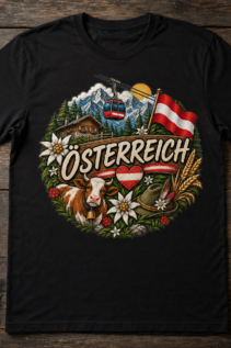 Schwarz ausgelegtes T-Shirt mit großem Österreich-Motiv auf Holzuntergrund, neben Edelweiß und Seil.