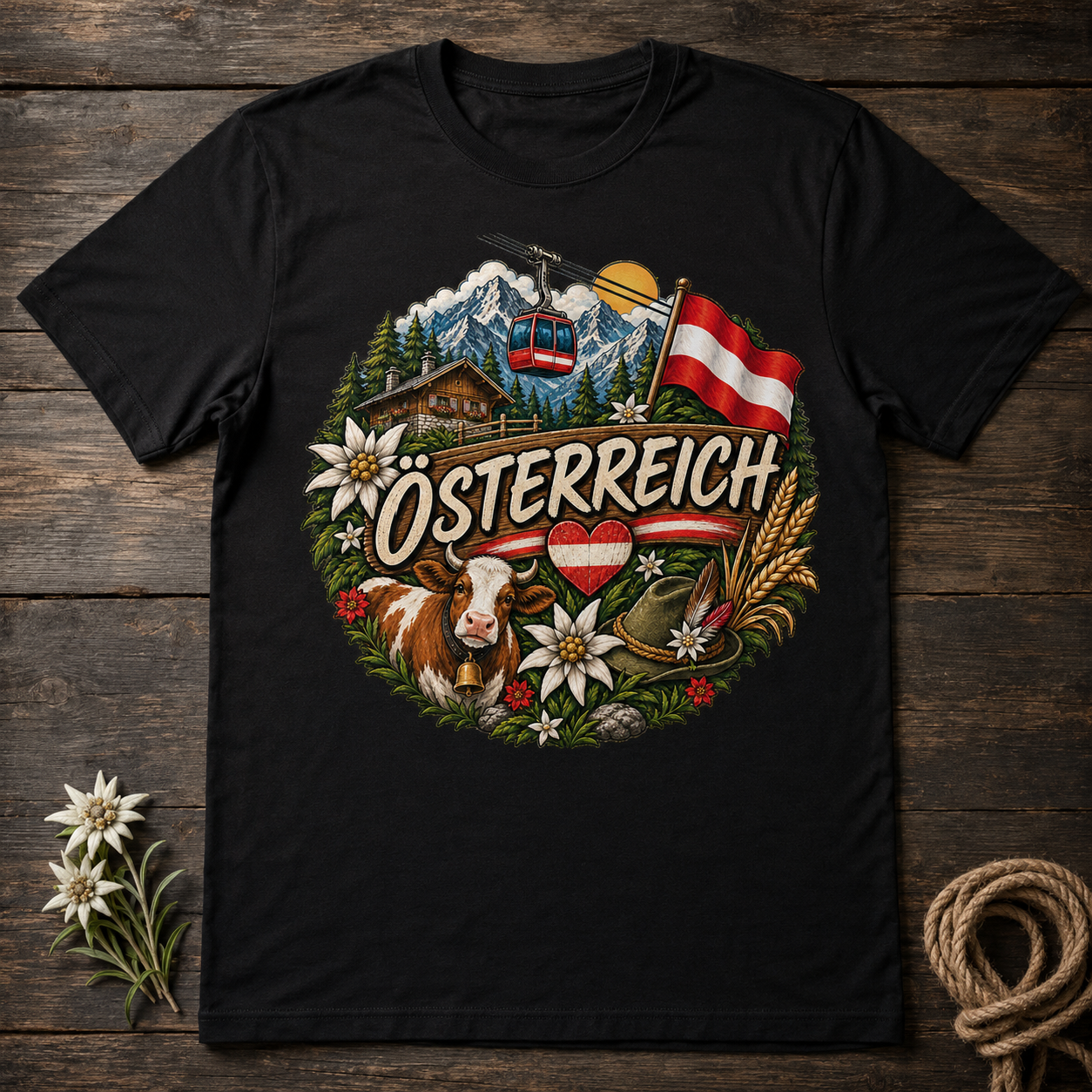 Schwarz ausgelegtes T-Shirt mit großem Österreich-Motiv auf Holzuntergrund, neben Edelweiß und Seil.