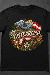 Schwarz liegendes T-Shirt mit Alpenmotiv und Österreich-Schriftzug auf dunklem Steinuntergrund, frontal von oben.