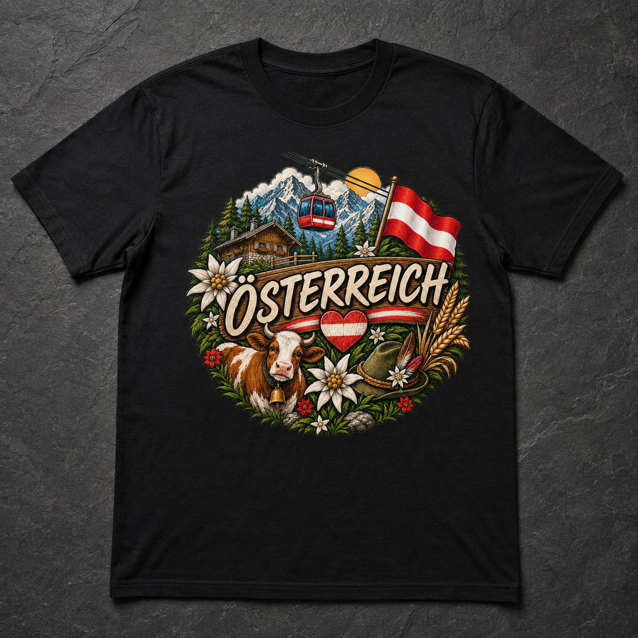 Schwarz liegendes T-Shirt mit Alpenmotiv und Österreich-Schriftzug auf dunklem Steinuntergrund, frontal von oben.