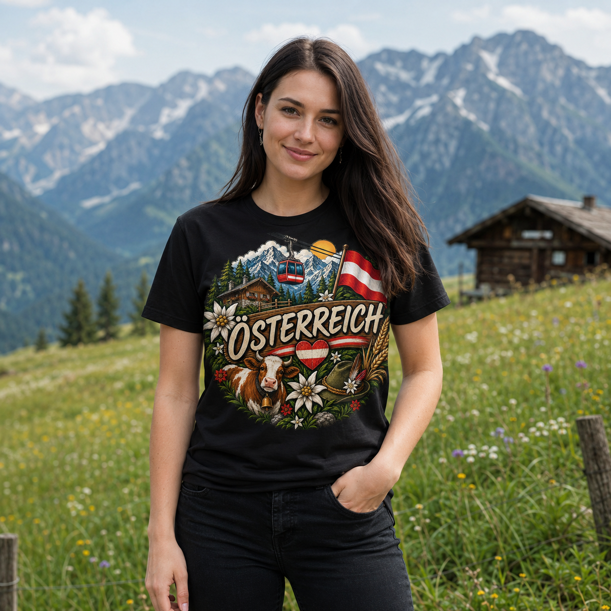 Frau trägt ein schwarzes Alpen Shirt Damen mit Österreich-Motiv auf einer Wiese vor Bergen und Holzhütte.