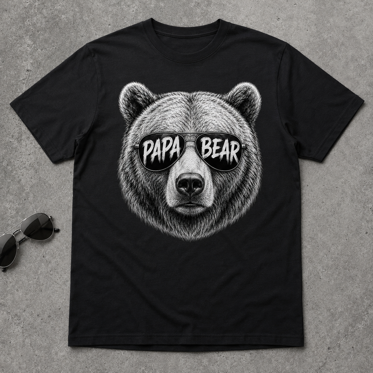 Schwarzes Papa Bear T-Shirt flach ausgelegt auf grauem Untergrund, mit Bärengesicht, Sonnenbrille und Schriftzug als Statement Shirt