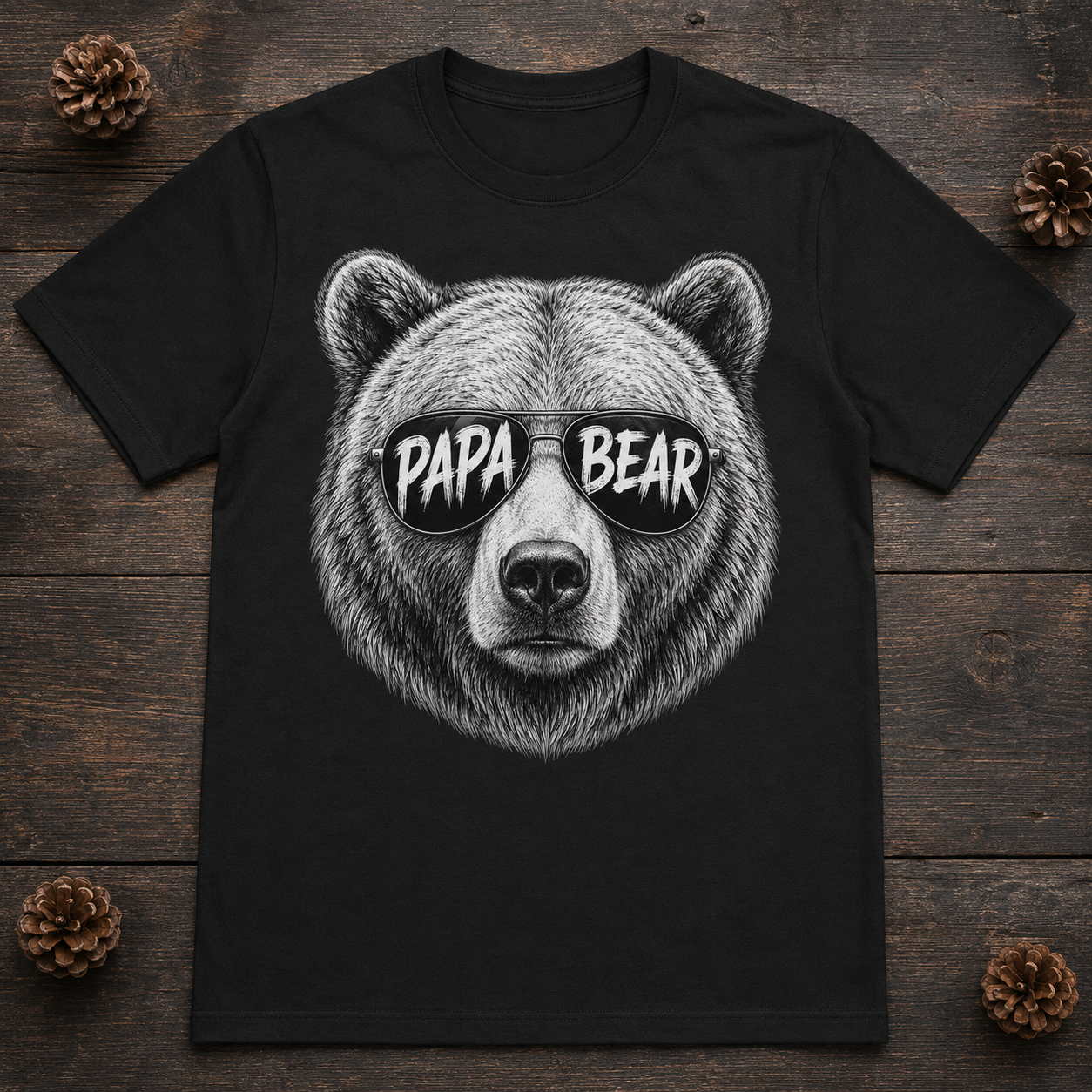 Schwarzes Papa Bear T-Shirt flach auf rustikalem Holzhintergrund mit Kiefernzapfen, zentriertes Bärenmotiv als Geschenk für Papa