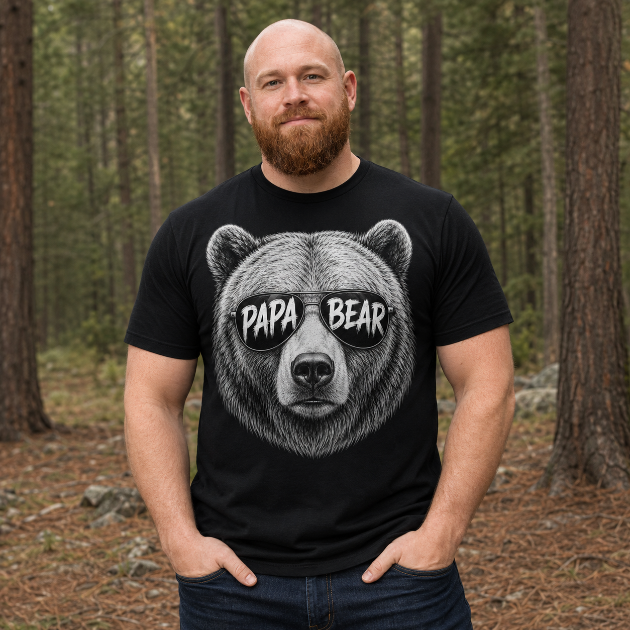 Mann trägt schwarzes Papa Bear T-Shirt im Wald, das Bärengesicht mit Sonnenbrille ist gut sichtbar, lässiger Familien Papa Look