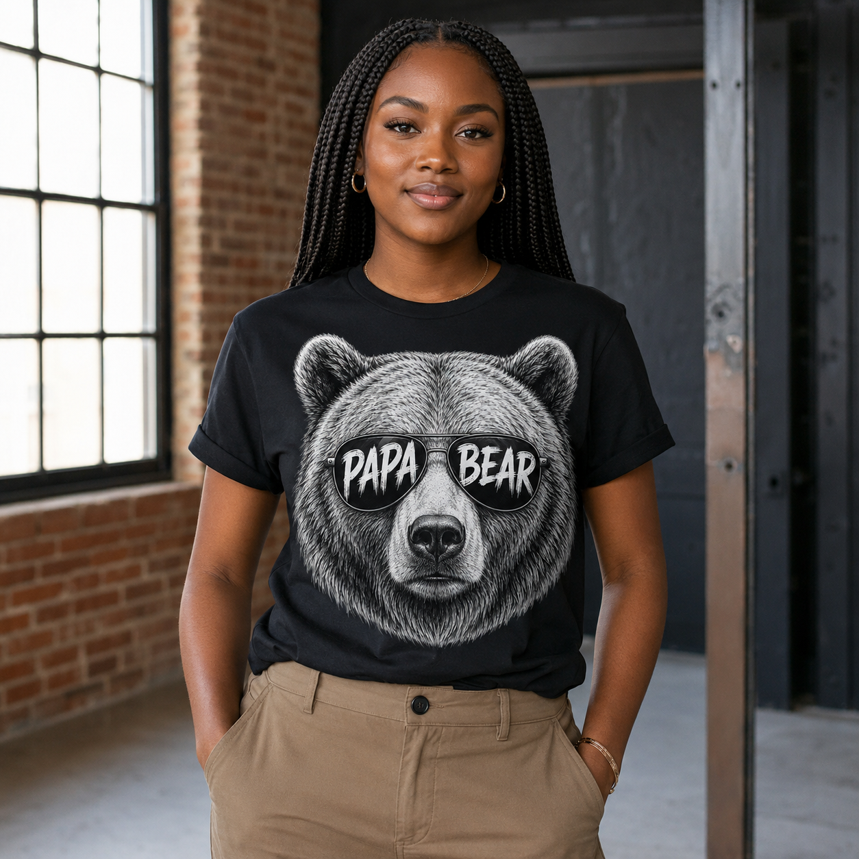 Frau trägt schwarzes Papa Bear T-Shirt in einem hellen Industrie-Interieur, das große Bärenmotiv ist frontal sichtbar