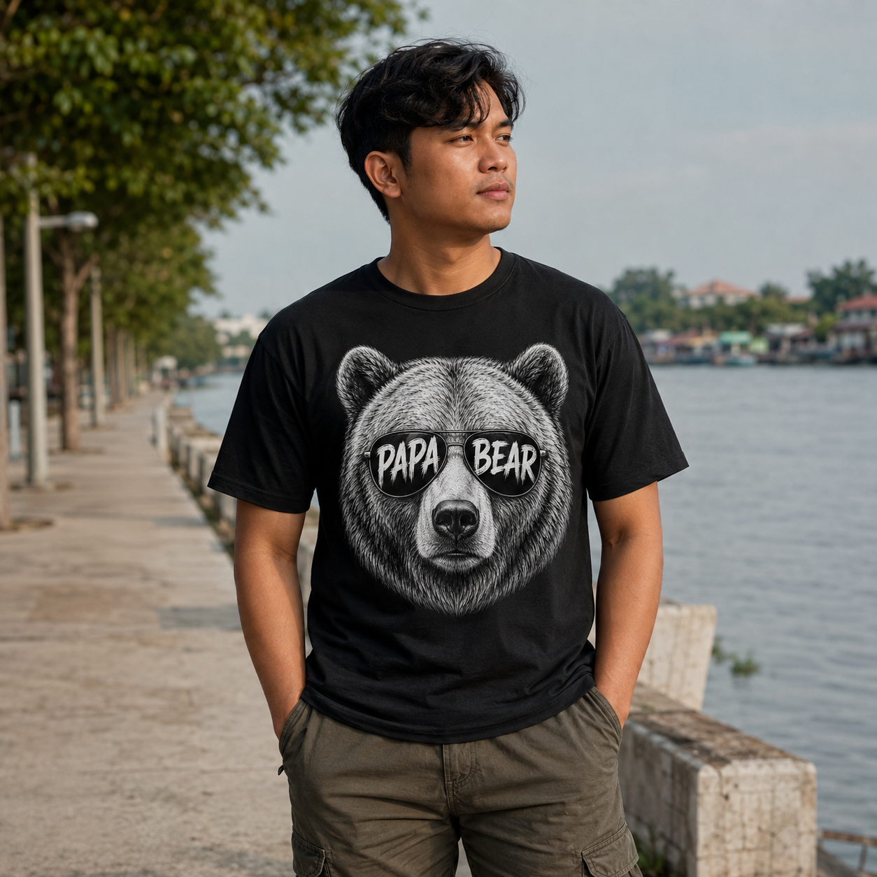 Mann trägt schwarzes Papa Bear T-Shirt an einer Uferpromenade, das Tiermotiv T-Shirt mit Sonnenbrille fällt frontal ins Auge