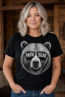 Frau trägt schwarzes Papa Bear T-Shirt in einer gemütlichen Holzhütte, das schwarz weiß shirt Motiv ist mittig platziert