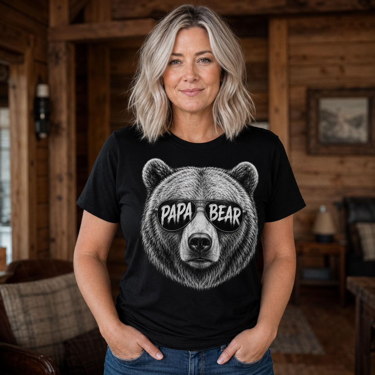 Frau trägt schwarzes Papa Bear T-Shirt in einer gemütlichen Holzhütte, das schwarz weiß shirt Motiv ist mittig platziert