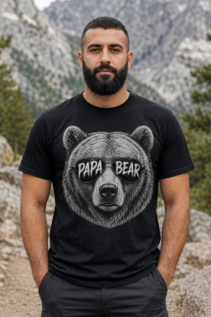 Mann trägt schwarzes Papa Bear T-Shirt vor Bergkulisse, der Bärenkopf mit Sonnenbrille wirkt als cooles Herren Shirt