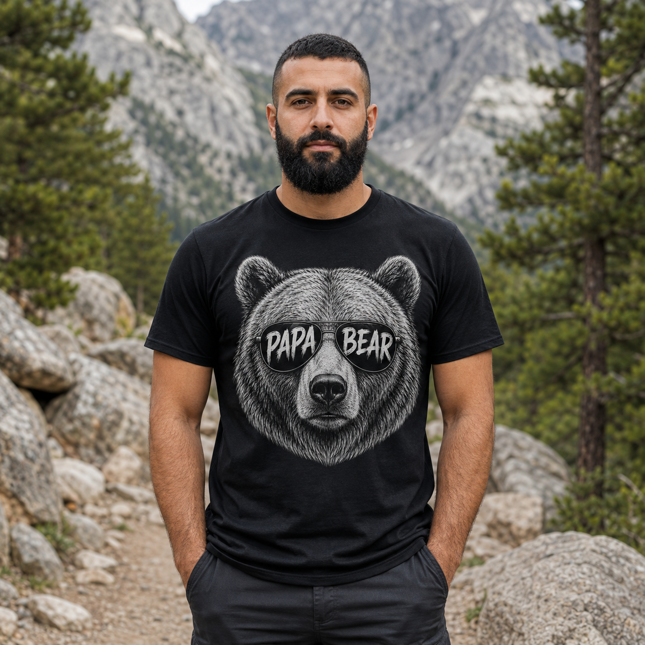 Mann trägt schwarzes Papa Bear T-Shirt vor Bergkulisse, der Bärenkopf mit Sonnenbrille wirkt als cooles Herren Shirt