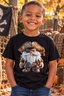Schwarzes T-Shirt an einem lächelnden Jungen, vor herbstlicher Halloween-Deko, mit großem Piraten-Gnom-Motiv auf der Brust.