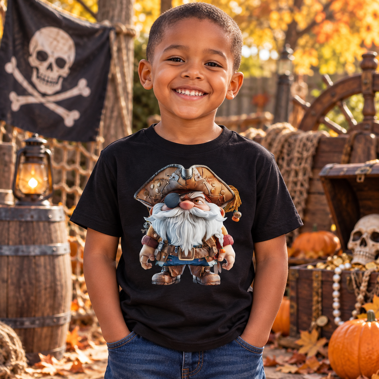 Schwarzes T-Shirt an einem lächelnden Jungen, vor herbstlicher Halloween-Deko, mit großem Piraten-Gnom-Motiv auf der Brust.