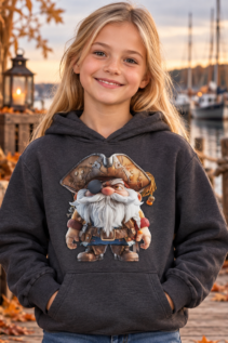 Dunkelgrauer Hoodie an einem lächelnden Mädchen, vor Hafen- und Halloween-Deko, mit Pirat-Gnom-Motiv auf der Vorderseite.
