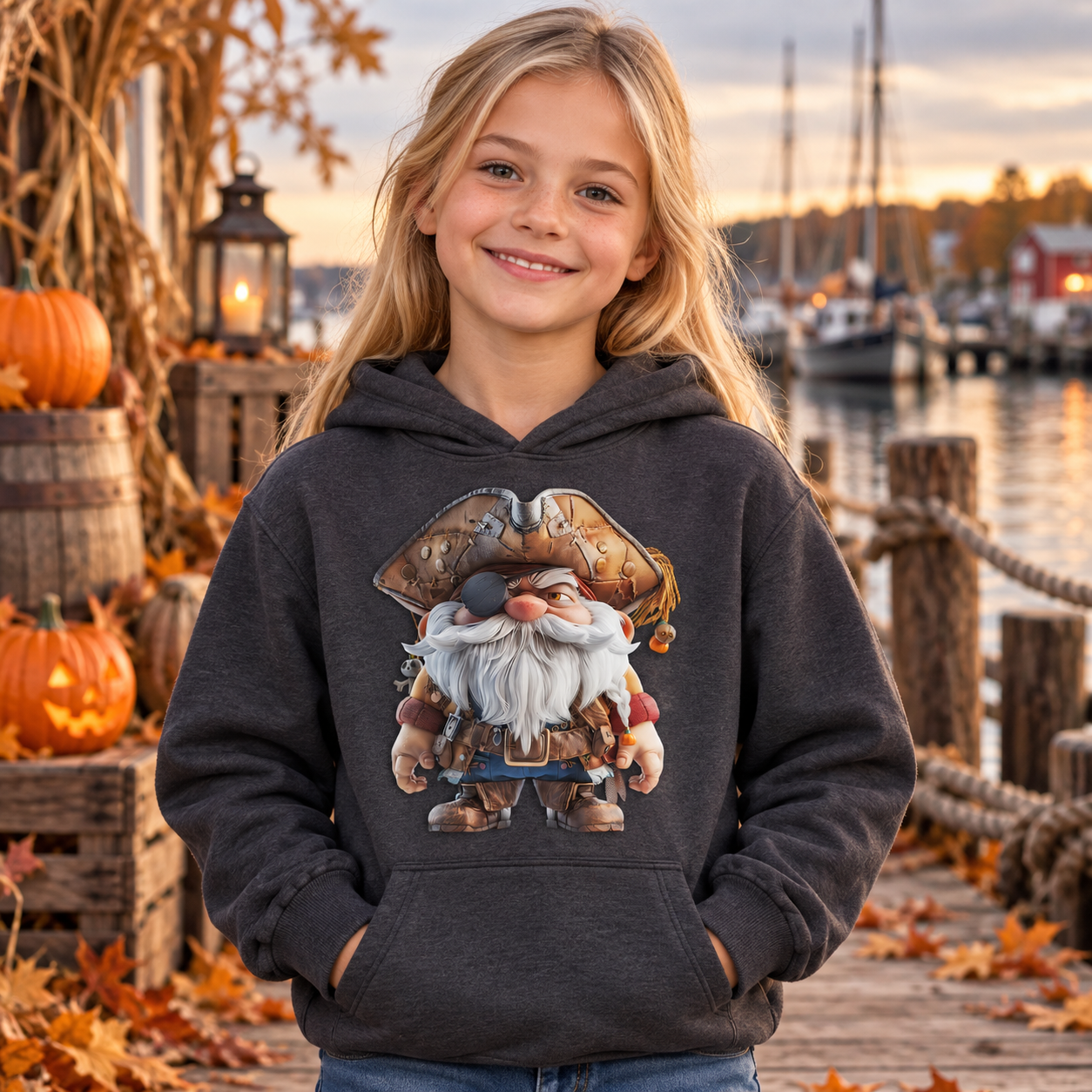 Dunkelgrauer Hoodie an einem lächelnden Mädchen, vor Hafen- und Halloween-Deko, mit Pirat-Gnom-Motiv auf der Vorderseite.