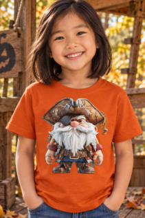 Orangefarbenes Kinder T-Shirt an einem fröhlichen Mädchen in einer Halloween-Szene, mit großem Pirat-Gnom-Print auf der Vorderseite.