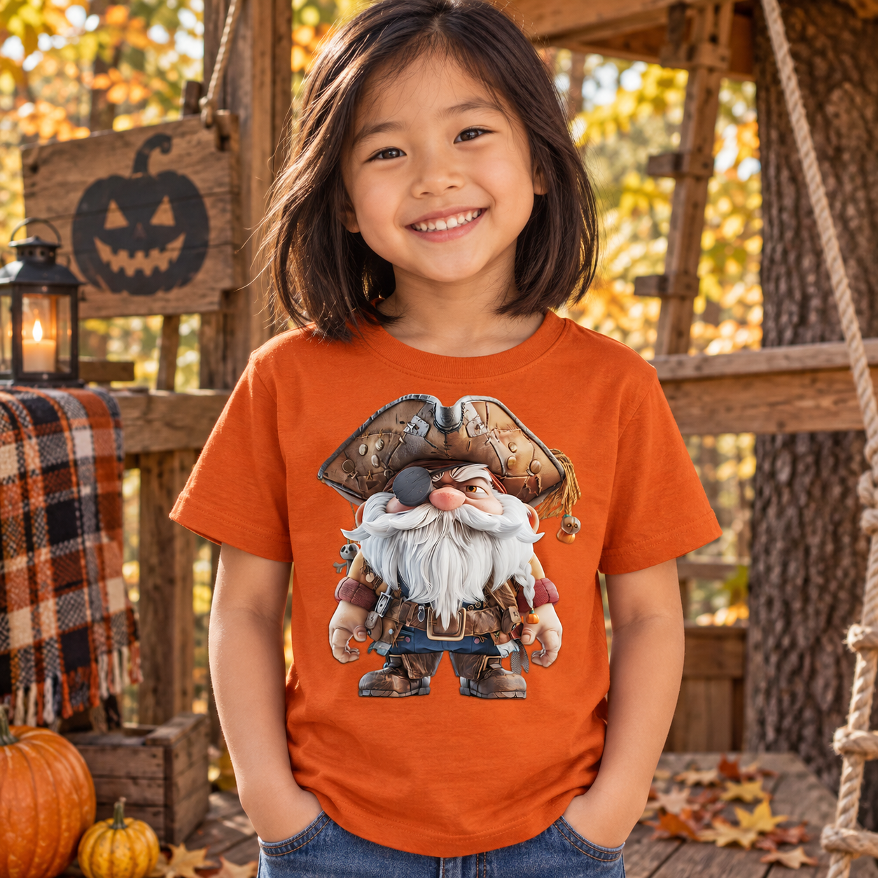 Orangefarbenes Kinder T-Shirt an einem fröhlichen Mädchen in einer Halloween-Szene, mit großem Pirat-Gnom-Print auf der Vorderseite.