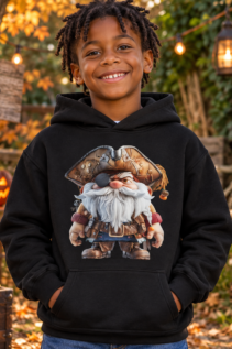 Schwarzer Hoodie an einem lächelnden Jungen in Halloween-Deko, mit großem Pirat-Gnom-Motiv auf der Brust.