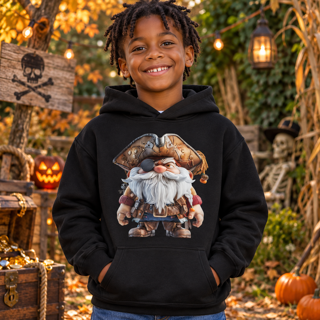 Schwarzer Hoodie an einem lächelnden Jungen in Halloween-Deko, mit großem Pirat-Gnom-Motiv auf der Brust.