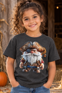Dunkelgraues T-Shirt an einem lächelnden Mädchen vor Kürbissen und Holzdekoration, mit Pirat-Gnom-Motiv auf der Brust.