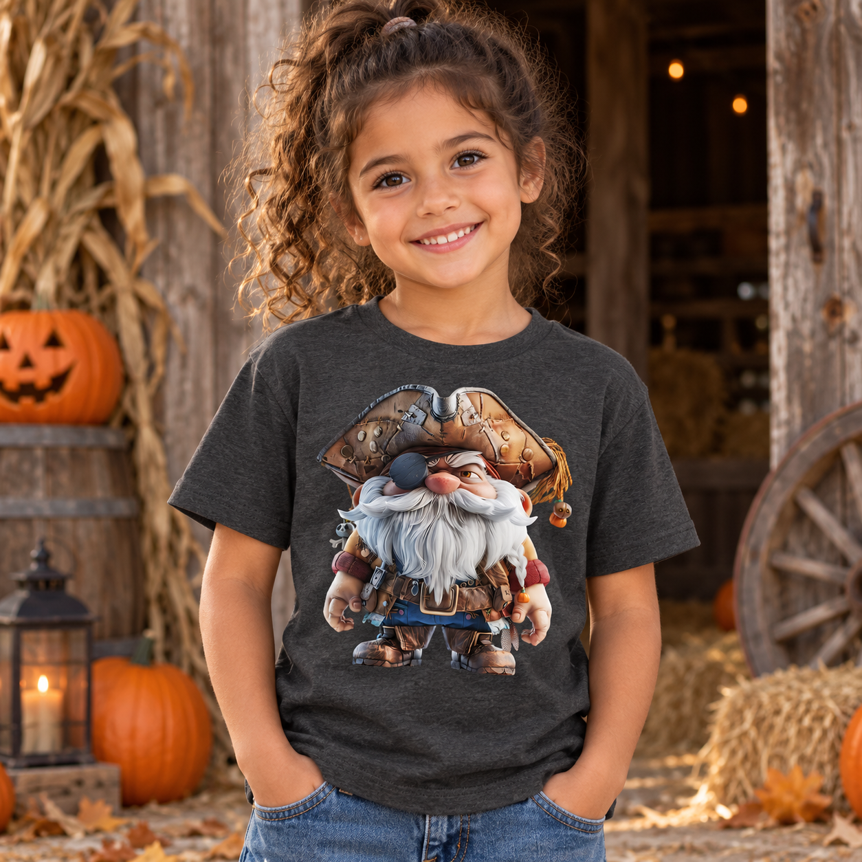 Dunkelgraues T-Shirt an einem lächelnden Mädchen vor Kürbissen und Holzdekoration, mit Pirat-Gnom-Motiv auf der Brust.