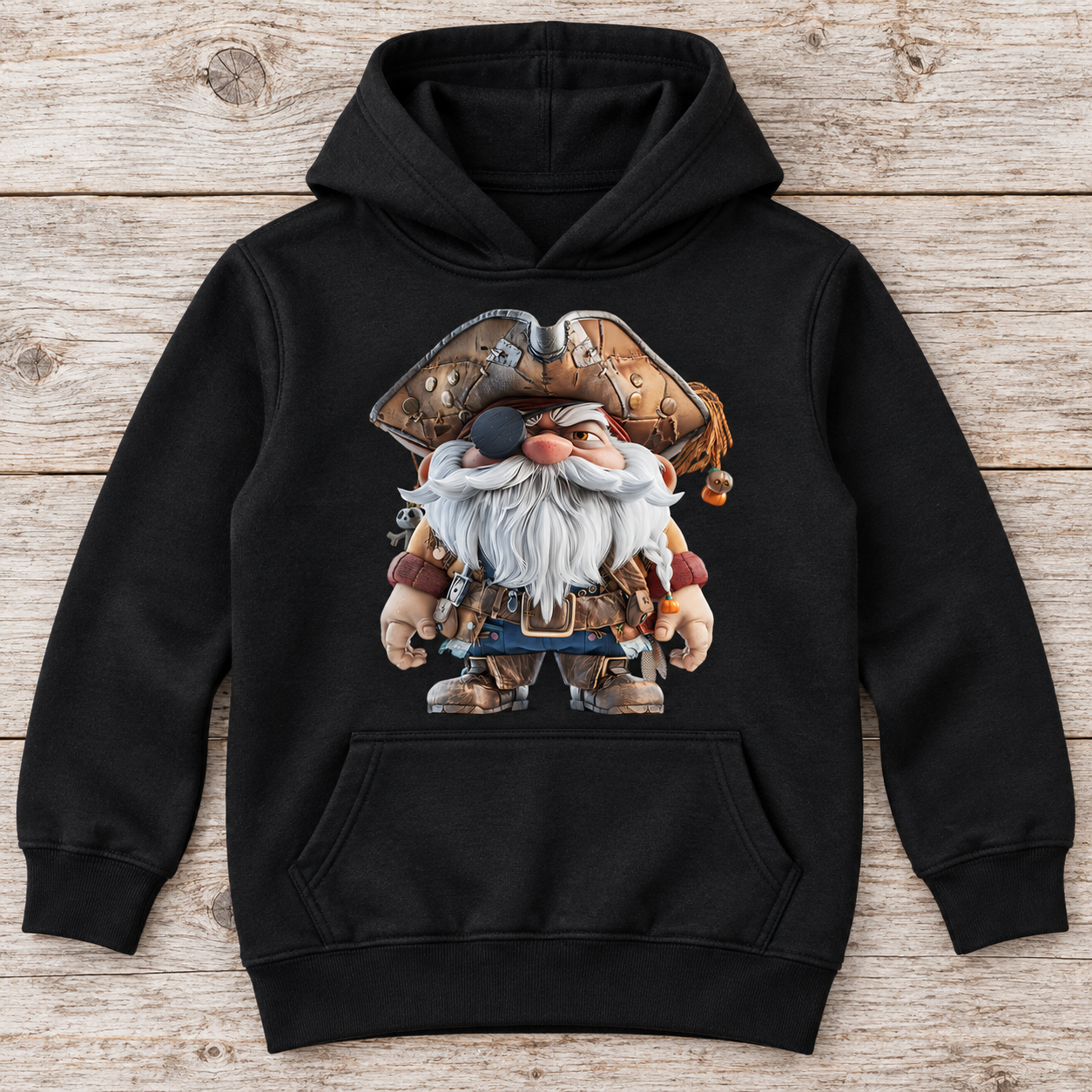 Schwarzer Hoodie freigestellt auf Holzuntergrund, mit großem Pirat-Gnom-Motiv auf der Vorderseite.