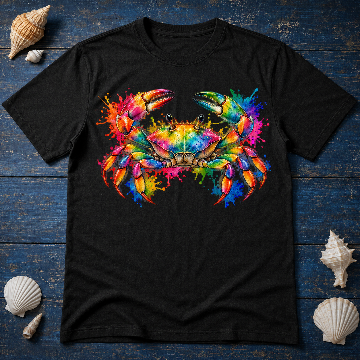 Schwarzes T-Shirt mit großem buntem Krebs-Print, flach auf maritimem Untergrund mit Muscheln arrangiert.