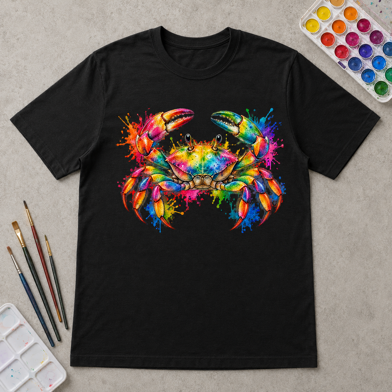 Schwarzes T-Shirt mit Regenbogen-Krebs-Motiv, flach ausgelegt neben Pinseln und Farben für einen kreativen Look.