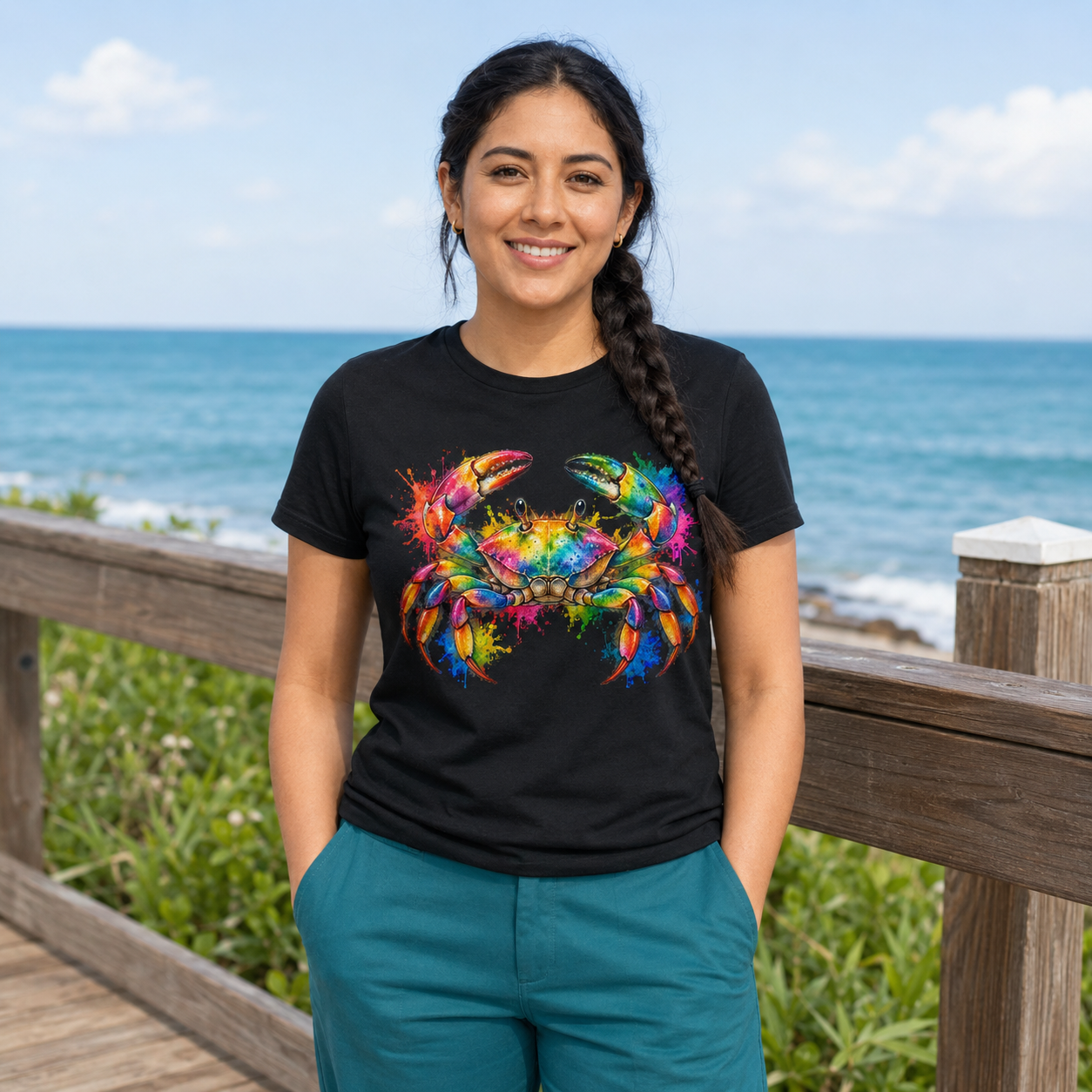 Frau trägt ein schwarzes T-Shirt mit buntem Krebs-Motiv am Strand vor dem Meer, lässig und sommerlich.