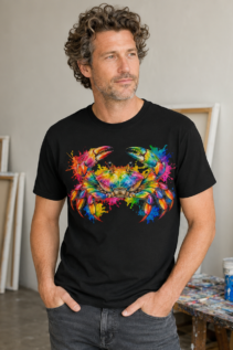 Mann trägt ein schwarzes T-Shirt mit farbigem Krebs-Print in einem Atelier, casual und modern inszeniert.