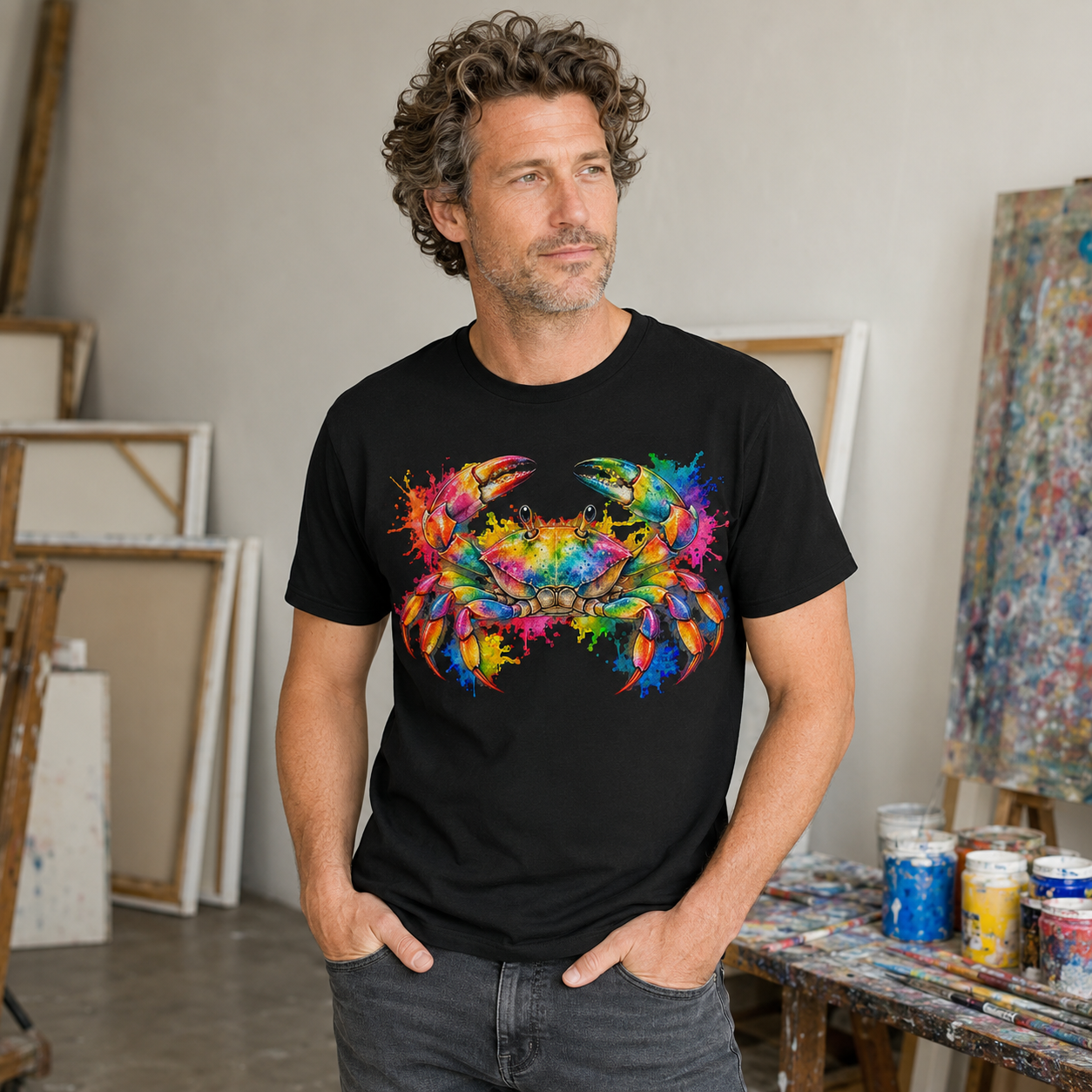 Mann trägt ein schwarzes T-Shirt mit farbigem Krebs-Print in einem Atelier, casual und modern inszeniert.