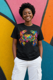 Frau trägt ein schwarzes T-Shirt mit Regenbogen-Krebs-Motiv vor einer bunten Wand, lässiges Tiermotiv Shirt.