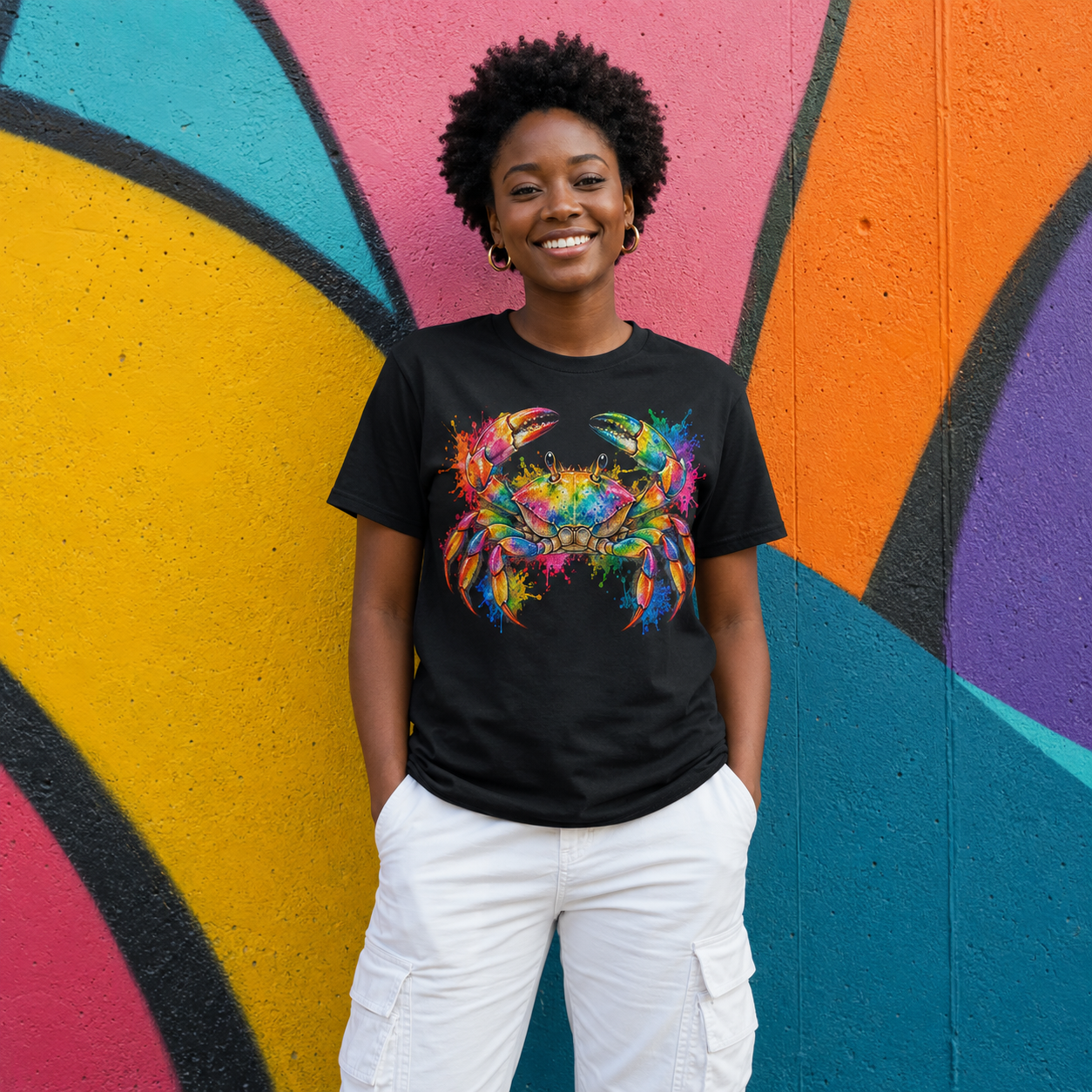 Frau trägt ein schwarzes T-Shirt mit Regenbogen-Krebs-Motiv vor einer bunten Wand, lässiges Tiermotiv Shirt.