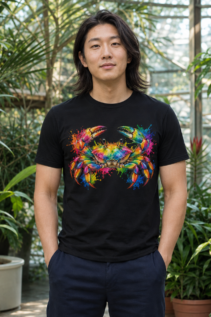 Mann trägt ein schwarzes T-Shirt mit buntem Krebs-Motiv in einem Gewächshaus, entspannt und alltagstauglich.