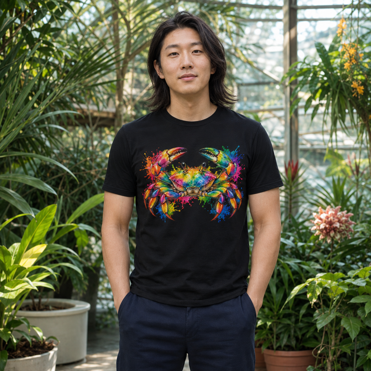 Mann trägt ein schwarzes T-Shirt mit buntem Krebs-Motiv in einem Gewächshaus, entspannt und alltagstauglich.