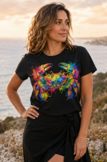 Frau trägt ein schwarzes T-Shirt mit Regenbogen-Krebs-Motiv an der Küste bei warmem Licht, sommerlicher Look.