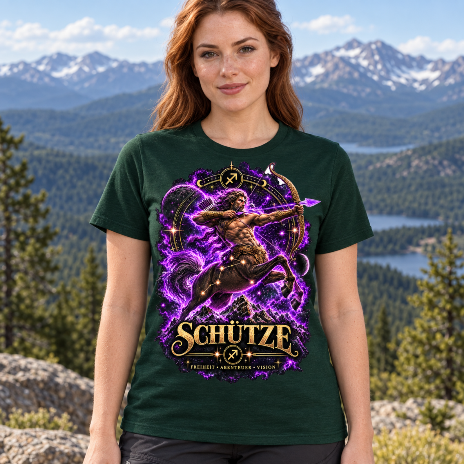 Frau trägt dunkelgrünes T-Shirt mit Schütze-Motiv: leuchtender Bogenschütze im violetten Sternzeichen-Design vor Berglandschaft.