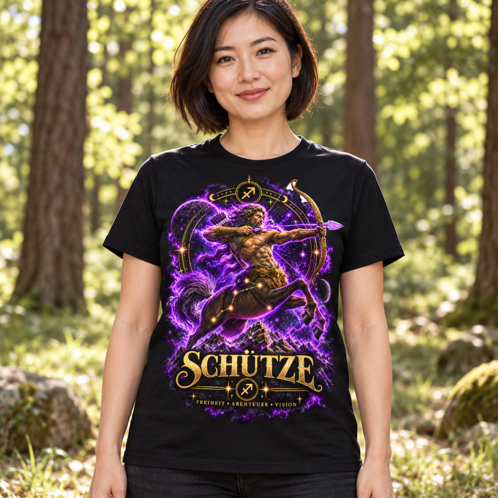 Frau trägt schwarzes T-Shirt mit Schütze-Motiv: auffälliger Horoskop-Shirt Druck mit violettem Bogenschützen im Waldlicht.