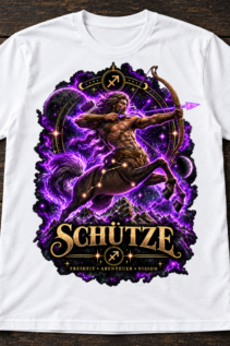 Freigestelltes weißes T-Shirt mit großem Schütze-Druck: violetter Bogenschütze, Sternzeichen und goldene Schrift auf Holzgrund.