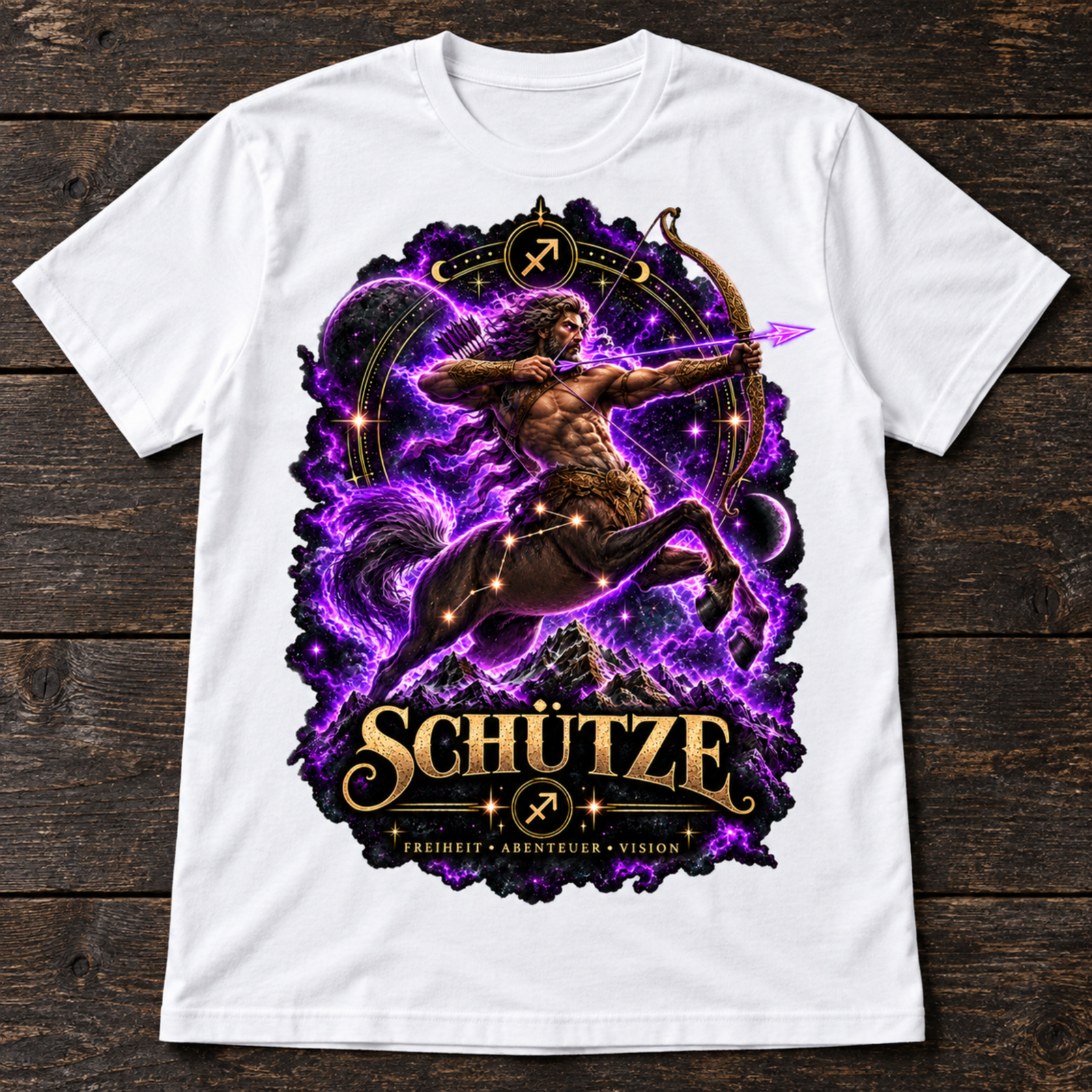 Freigestelltes weißes T-Shirt mit großem Schütze-Druck: violetter Bogenschütze, Sternzeichen und goldene Schrift auf Holzgrund.