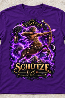 Freigestelltes violettes T-Shirt mit Schütze-Motiv: großer violetter Fantasy-Druck mit Bogenschütze und goldener Sternzeichen-Schrift.