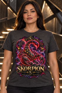Dunkelgraues T-Shirt an einer Frau auf einer Treppe mit großem Skorpion- und Sternzeichenmotiv in Neonfarben; mystic tshirt, dark art shirt.