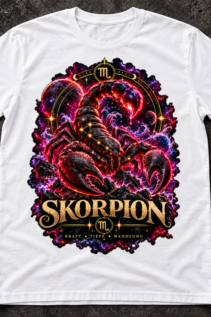 Weißes T-Shirt flach liegend auf dunklem Stein mit freigestelltem Skorpion-Druck in Rot, Pink und Gold; galaxy shirt.
