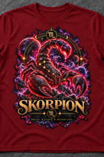 Dunkelrotes T-Shirt flach liegend auf grauem Stein mit großem Skorpion-Frontprint in Neonrot, Violett und Gold; horoskop shirt.
